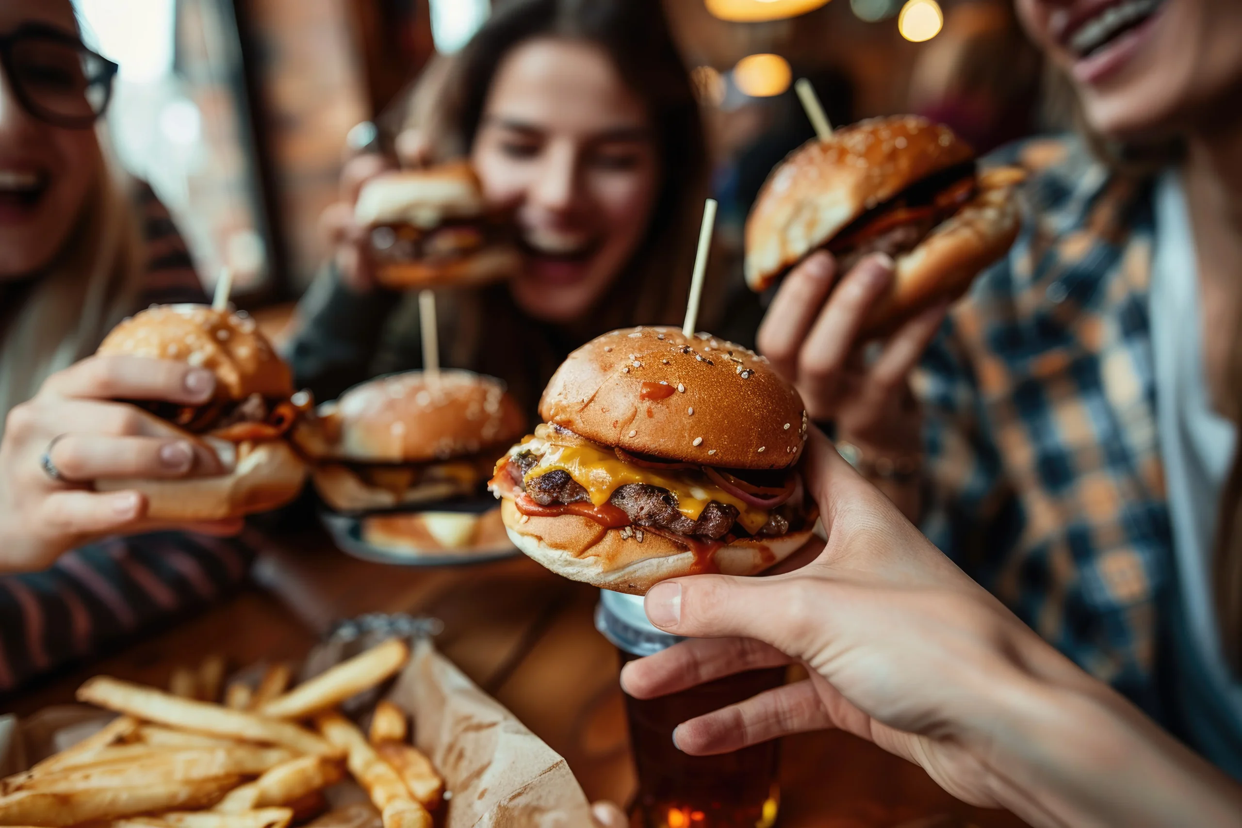 closeup-blurred-friends-eating-burgers
